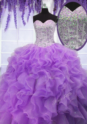 Sequins Lavender Sleeveless Organza Lace Up Ball Gown Prom Dress for Military Ball and Sweet 16 and Quinceanera