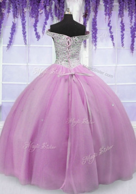 Shining Off the Shoulder Short Sleeves Tulle Floor Length Lace Up Quinceanera Dress in Lilac for with Beading