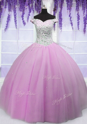 Shining Off the Shoulder Short Sleeves Tulle Floor Length Lace Up Quinceanera Dress in Lilac for with Beading