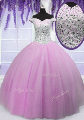Shining Off the Shoulder Short Sleeves Tulle Floor Length Lace Up Quinceanera Dress in Lilac for with Beading