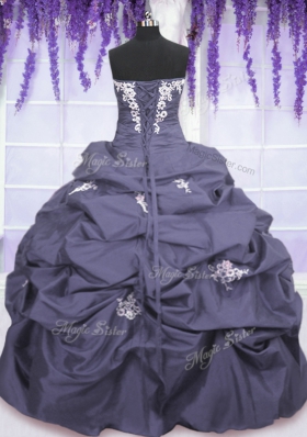 Sleeveless Taffeta Floor Length Lace Up Sweet 16 Dresses in Lavender for with Appliques and Pick Ups