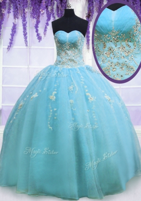 Sweetheart Sleeveless Quince Ball Gowns Floor Length Beading Baby Blue Organza