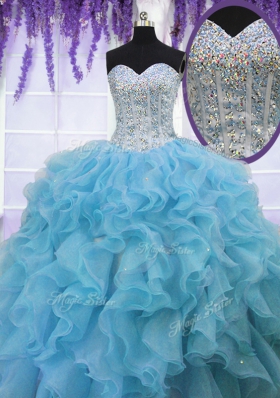 Trendy Baby Blue Sweetheart Lace Up Ruffles and Sequins Quince Ball Gowns Sleeveless