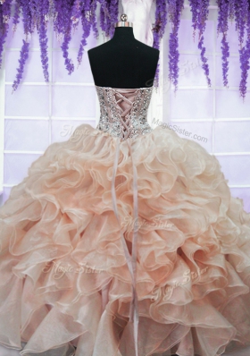 Trendy Peach Ball Gowns Organza Sweetheart Sleeveless Beading and Ruffles Floor Length Lace Up Sweet 16 Dresses