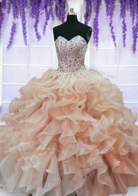 Trendy Peach Ball Gowns Organza Sweetheart Sleeveless Beading and Ruffles Floor Length Lace Up Sweet 16 Dresses