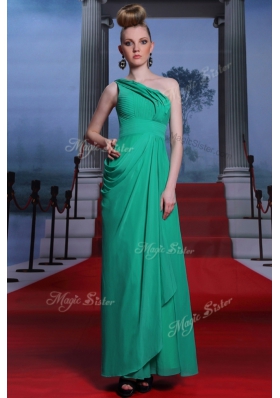 Turquoise One Shoulder Side Zipper Beading and Ruching Prom Party Dress Sleeveless