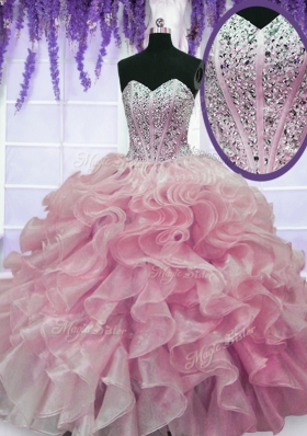 Unique Sleeveless Lace Up Floor Length Beading and Ruffles 15th Birthday Dress