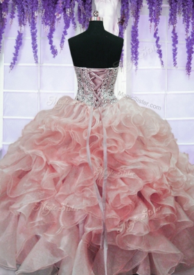 Watermelon Red Ball Gowns Organza Sweetheart Sleeveless Beading and Ruffles Floor Length Lace Up 15th Birthday Dress