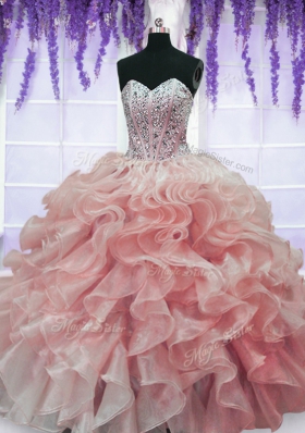Watermelon Red Ball Gowns Organza Sweetheart Sleeveless Beading and Ruffles Floor Length Lace Up 15th Birthday Dress