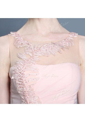 Baby Pink Sleeveless Ankle Length Appliques Side Zipper Prom Gown