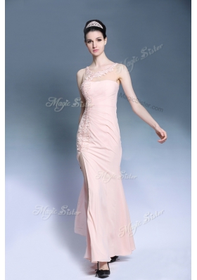 Baby Pink Sleeveless Ankle Length Appliques Side Zipper Prom Gown