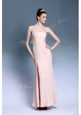 Baby Pink Sleeveless Ankle Length Appliques Side Zipper Prom Gown