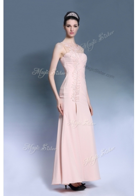 Baby Pink Sleeveless Ankle Length Appliques Side Zipper Prom Gown