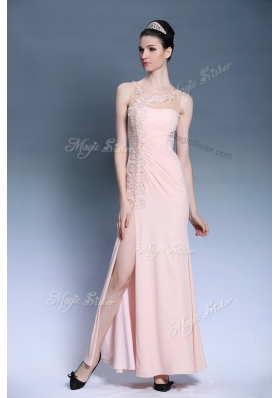 Baby Pink Sleeveless Ankle Length Appliques Side Zipper Prom Gown