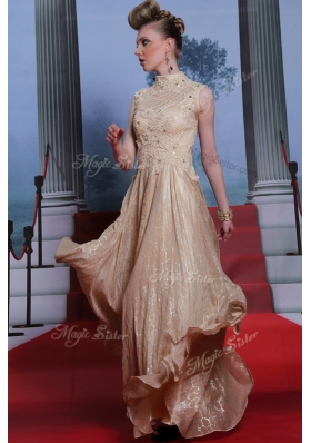 Best Selling Peach Column/Sheath Beading and Sequins Prom Dresses Zipper Chiffon Sleeveless Floor Length