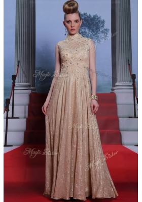 Best Selling Peach Column/Sheath Beading and Sequins Prom Dresses Zipper Chiffon Sleeveless Floor Length