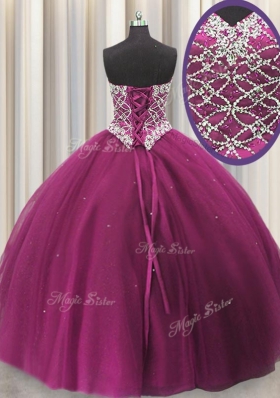 Best Three Piece Sweetheart Sleeveless Quinceanera Dresses Floor Length Beading and Sequins Fuchsia Tulle