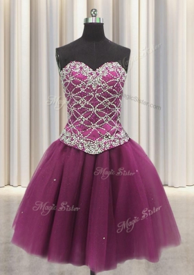 Best Three Piece Sweetheart Sleeveless Quinceanera Dresses Floor Length Beading and Sequins Fuchsia Tulle