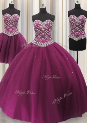 Best Three Piece Sweetheart Sleeveless Quinceanera Dresses Floor Length Beading and Sequins Fuchsia Tulle