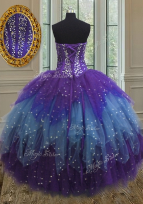 Classical Three Piece Multi-color Lace Up Quinceanera Gown Beading and Ruffles and Sequins Sleeveless Floor Length