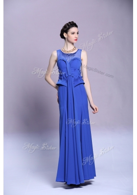 Custom Fit Scoop Floor Length Zipper Prom Gown Blue and In for Prom and Party with Beading and Appliques