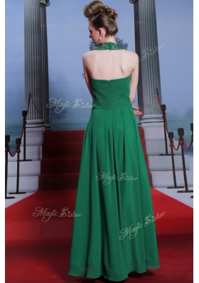 Dramatic Halter Top Sleeveless Zipper Floor Length Beading and Ruching Evening Dress