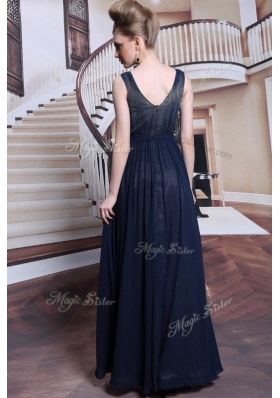 Elegant Floor Length Navy Blue Homecoming Dress Bateau Sleeveless Zipper