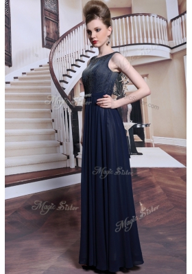 Elegant Floor Length Navy Blue Homecoming Dress Bateau Sleeveless Zipper