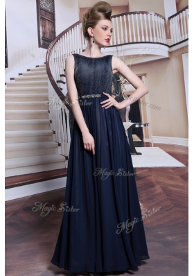 Elegant Floor Length Navy Blue Homecoming Dress Bateau Sleeveless Zipper