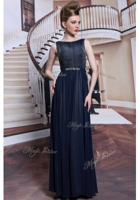 Elegant Floor Length Navy Blue Homecoming Dress Bateau Sleeveless Zipper