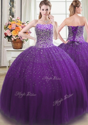 Extravagant Four Piece Purple Ball Gowns Sweetheart Sleeveless Tulle Floor Length Lace Up Beading Quinceanera Gown