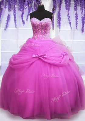Fabulous Sleeveless Tulle Floor Length Lace Up 15 Quinceanera Dress in Lilac for with Beading and Sequins and Bowknot