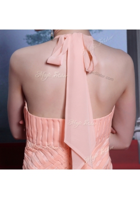 Fashion Halter Top Peach Sleeveless Beading and Sashes|ribbons Floor Length Prom Dresses