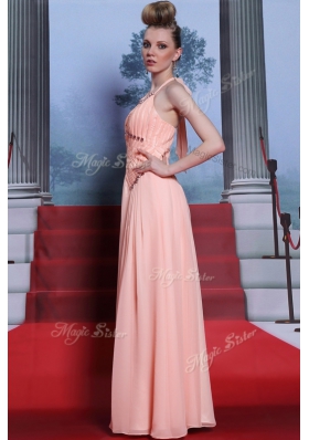 Fashion Halter Top Peach Sleeveless Beading and Sashes|ribbons Floor Length Prom Dresses