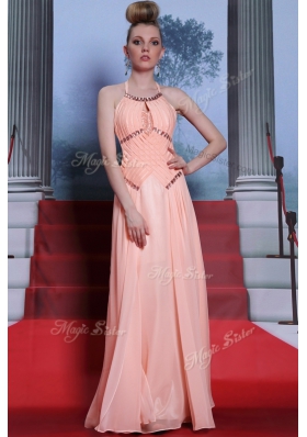 Fashion Halter Top Peach Sleeveless Beading and Sashes|ribbons Floor Length Prom Dresses