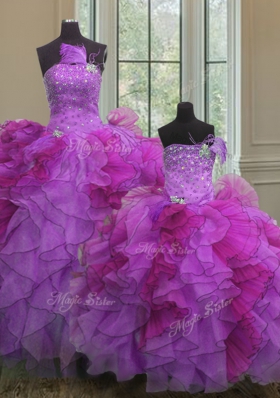 Fine Multi-color Ball Gowns Strapless Sleeveless Organza Floor Length Lace Up Beading and Ruffles Sweet 16 Dresses