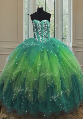 Fine Three Piece Multi-color Ball Gowns Sweetheart Sleeveless Tulle Floor Length Lace Up Beading 15 Quinceanera Dress