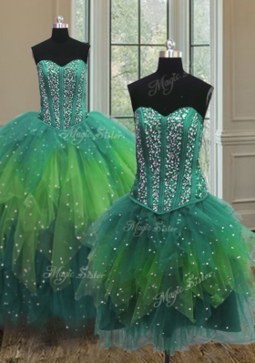 Fine Three Piece Multi-color Ball Gowns Sweetheart Sleeveless Tulle Floor Length Lace Up Beading 15 Quinceanera Dress