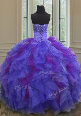 Glittering Halter Top Sleeveless Floor Length Beading and Ruffles Lace Up Quinceanera Gowns with Multi-color