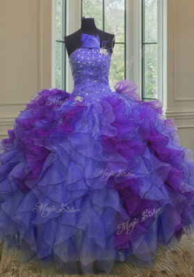 Glittering Halter Top Sleeveless Floor Length Beading and Ruffles Lace Up Quinceanera Gowns with Multi-color