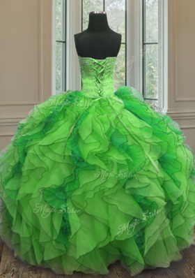 Green Organza Lace Up Strapless Sleeveless Floor Length Quince Ball Gowns Beading and Ruffles