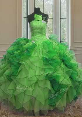 Green Organza Lace Up Strapless Sleeveless Floor Length Quince Ball Gowns Beading and Ruffles