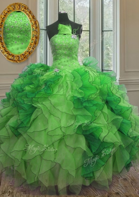 Green Organza Lace Up Strapless Sleeveless Floor Length Quince Ball Gowns Beading and Ruffles