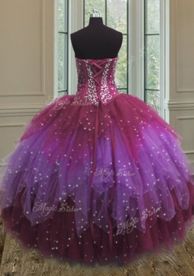 High Class Tulle Sweetheart Sleeveless Lace Up Beading and Ruffles and Sequins 15 Quinceanera Dress in Multi-color