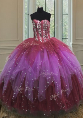 High Class Tulle Sweetheart Sleeveless Lace Up Beading and Ruffles and Sequins 15 Quinceanera Dress in Multi-color