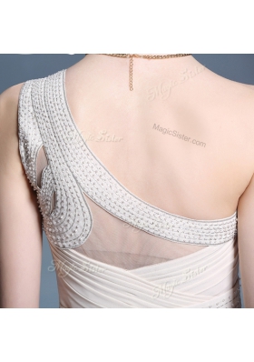 Hot Sale Champagne Chiffon Side Zipper One Shoulder Sleeveless Floor Length Beading and Ruching