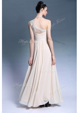 Hot Sale Champagne Chiffon Side Zipper One Shoulder Sleeveless Floor Length Beading and Ruching