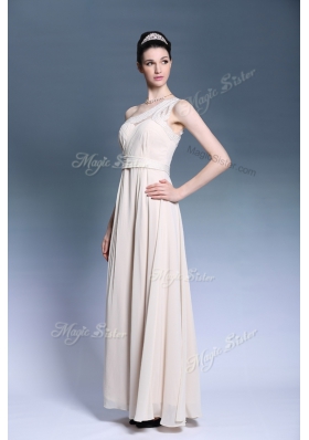 Hot Sale Champagne Chiffon Side Zipper One Shoulder Sleeveless Floor Length Beading and Ruching