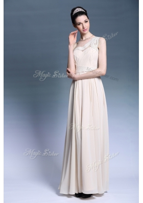 Hot Sale Champagne Chiffon Side Zipper One Shoulder Sleeveless Floor Length Beading and Ruching