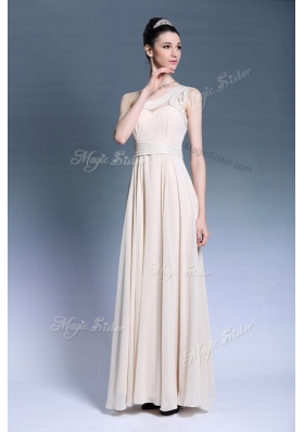 Hot Sale Champagne Chiffon Side Zipper One Shoulder Sleeveless Floor Length Beading and Ruching